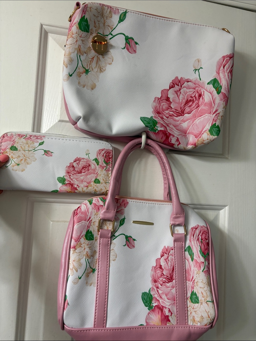 Pink Floral Tote Bag Set - White & Pink Rose Print